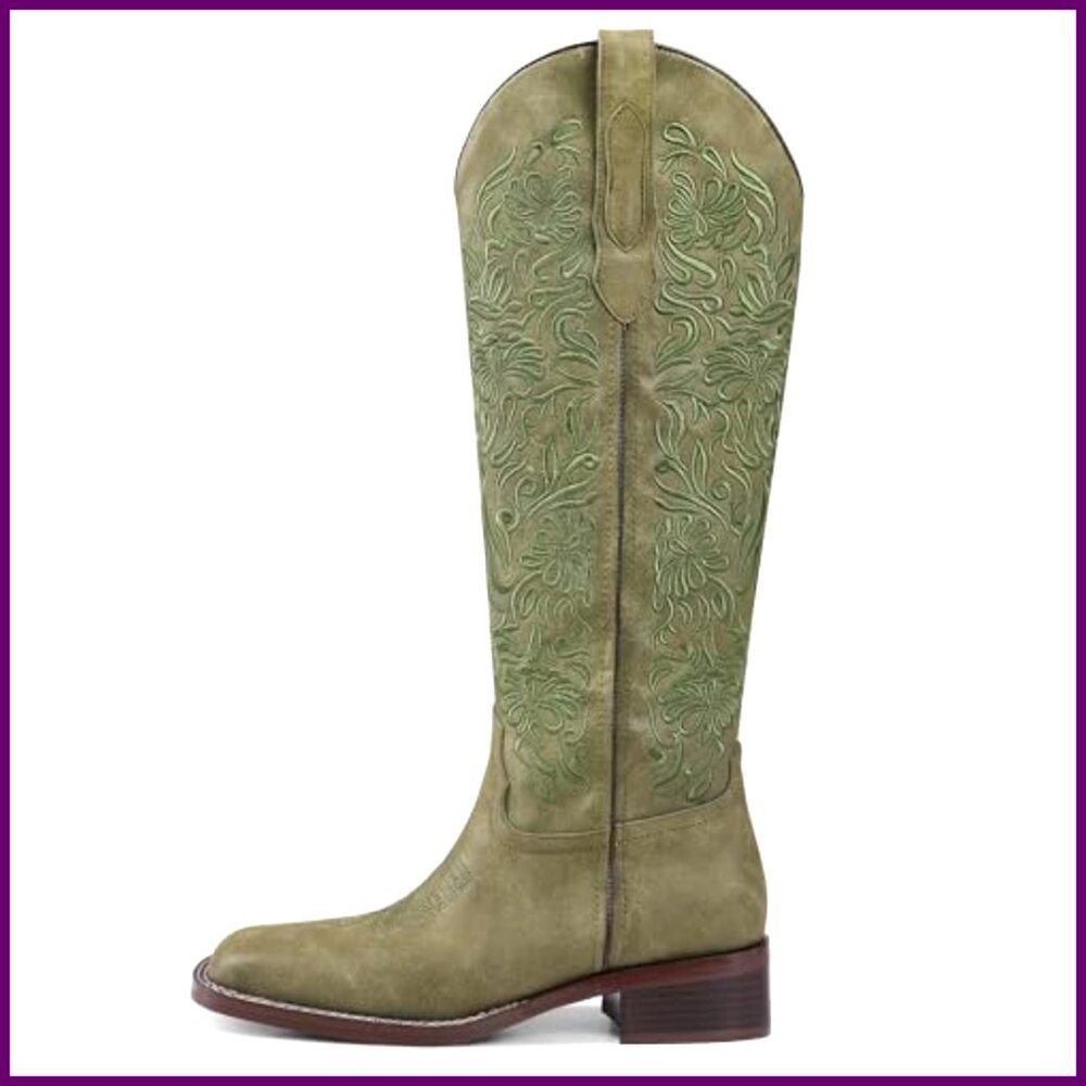 Women's Embroidered Knee-High Cowboy Boots, Square Toe, Low Heel, Pull-On - Picture 4 of 7